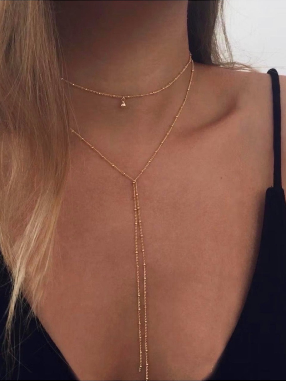 Lily Luxe Layered Necklace Set | Gold-Tone Beaded Choker & Y Lariat Drop Necklac
